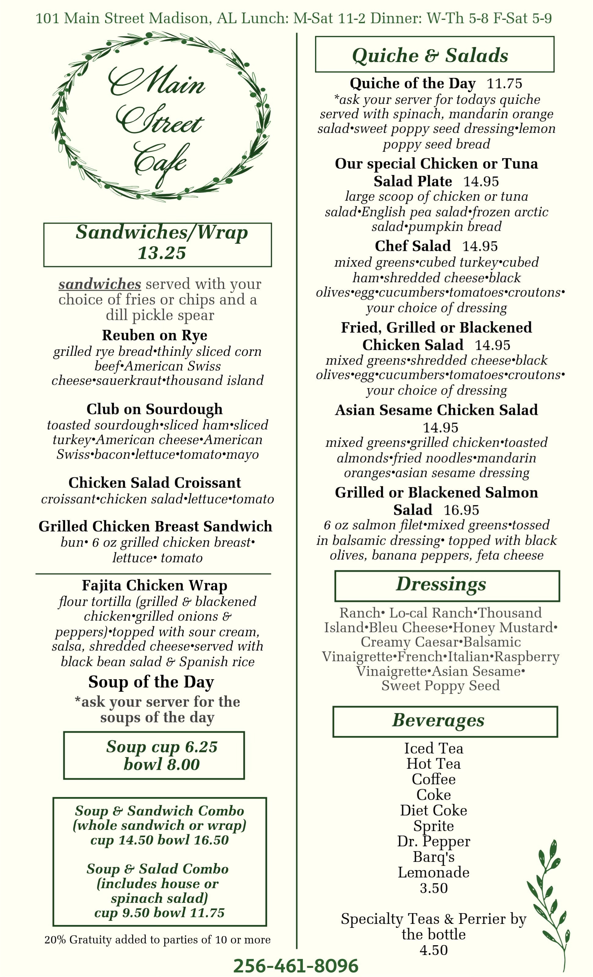 Lunch Menu for Main Street Cafe Southern Food Restaurant in Madison